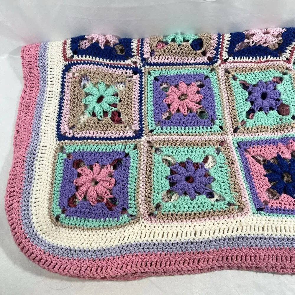 Vintage Granny Square Afghan Blanket Pink Mint Purple Mauve Blue Loose Knit